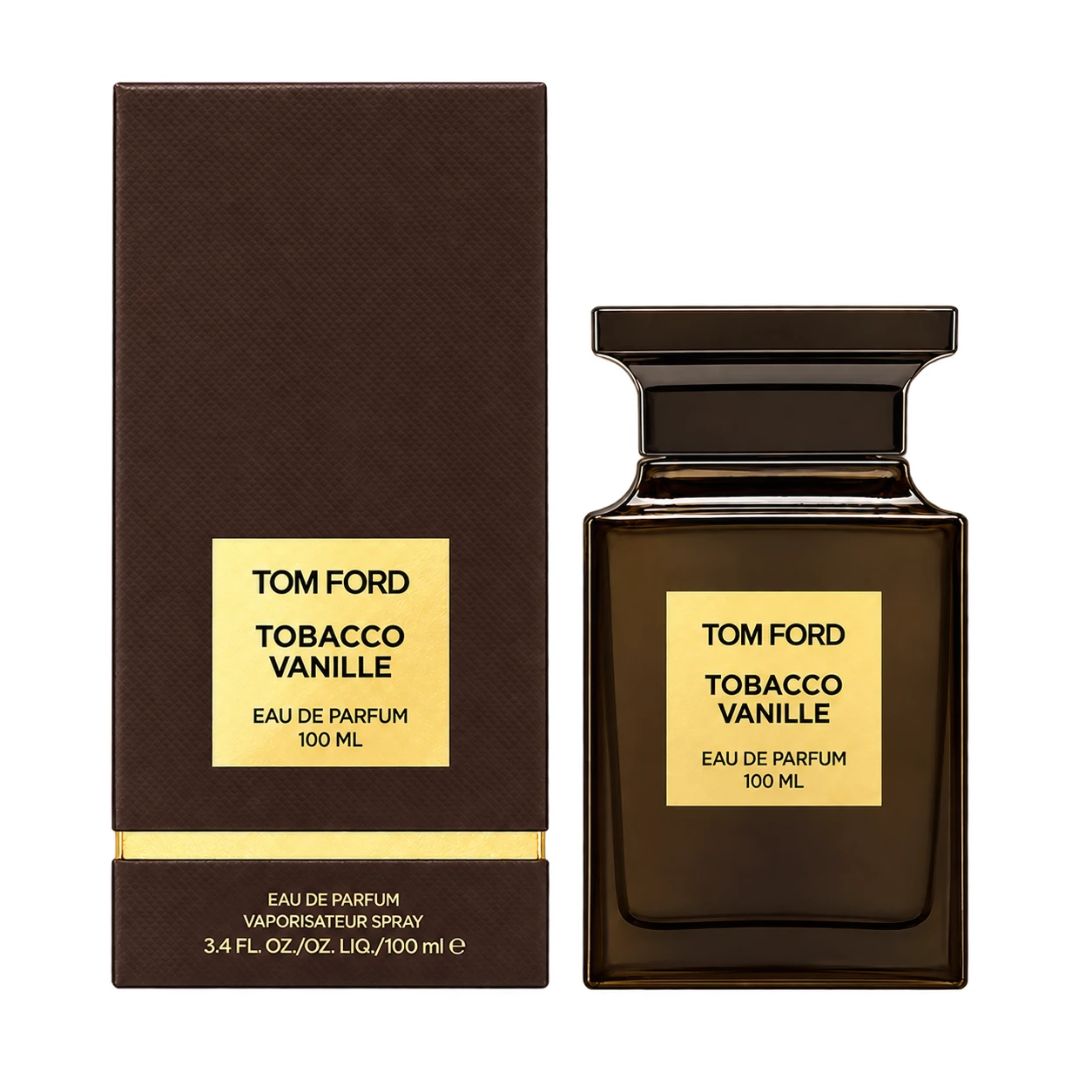 Tom Ford Tobacco Vanille EDP 100ml bottle and matching brown carton on pure white
