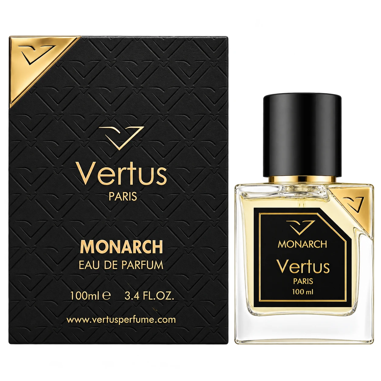 Vertus Monarch 100ml bottle and box on a pure white background