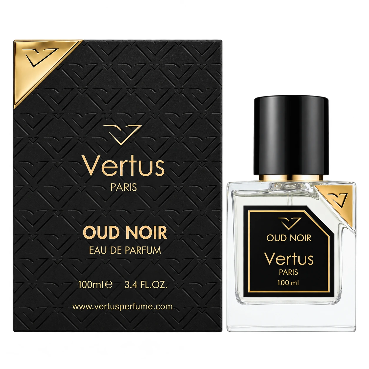 Vertus Oud Noir 100ml bottle and box on a pure white background