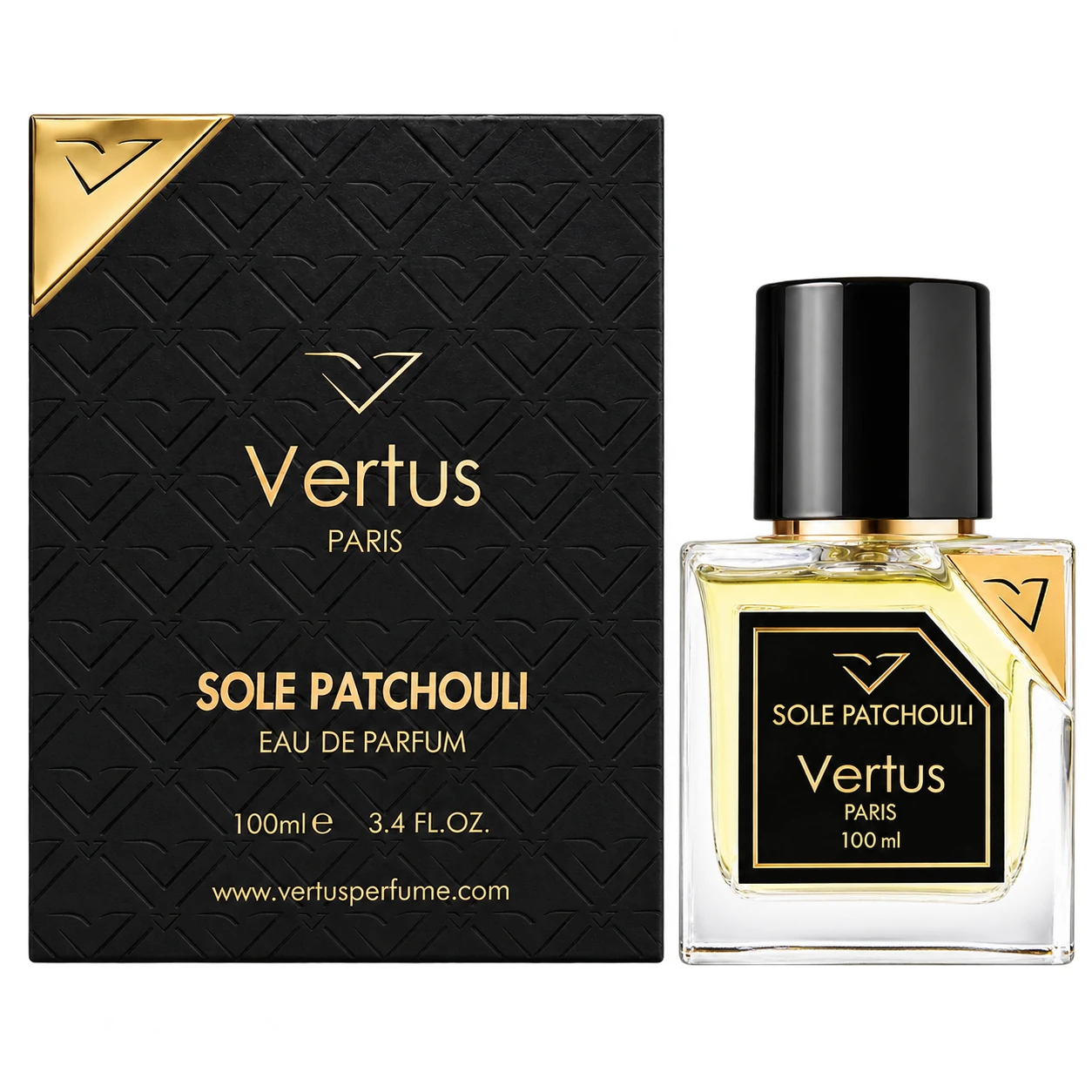 Vertus Sole Patchouli 100ml bottle and original box on a pure white background
