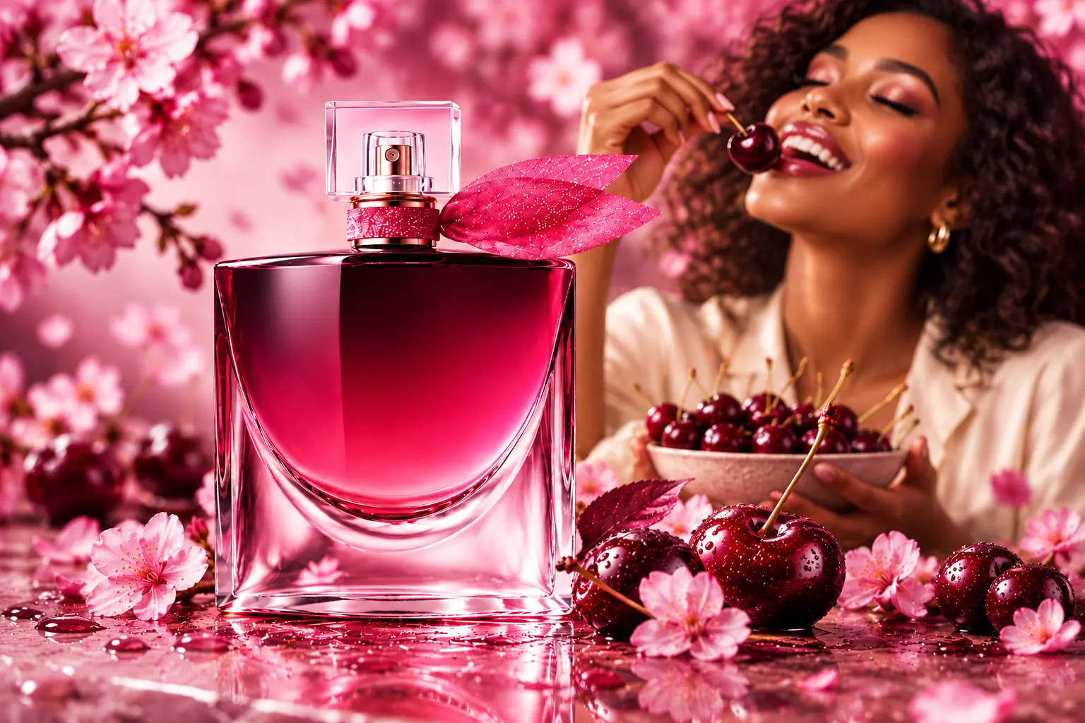 La Vie Est Belle L’Elixir Very Cherry beside dark cherries with a woman joyfully enjoying the fruit