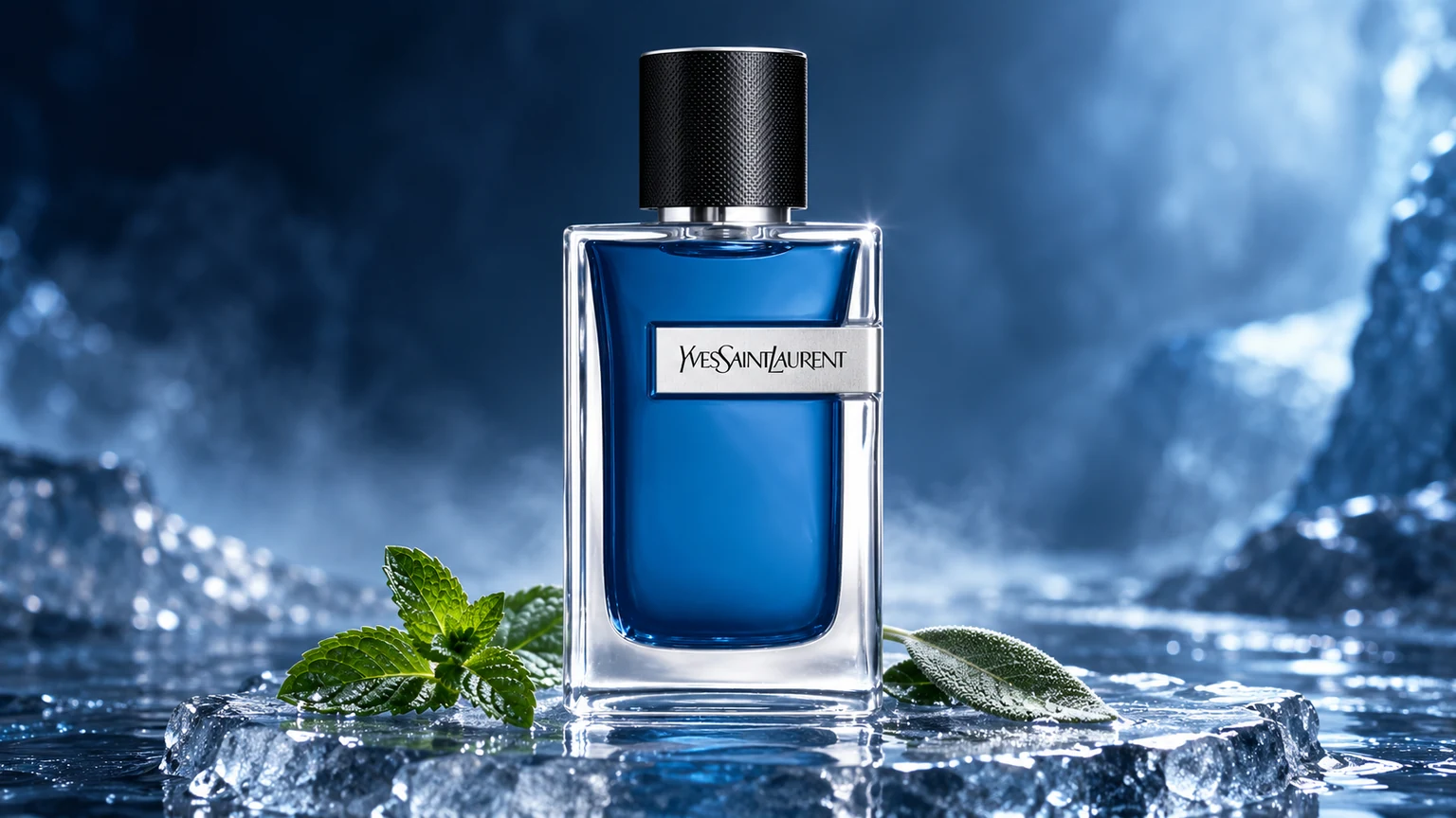 YSL Y Iced Cologne bottle on ice with mint and sage